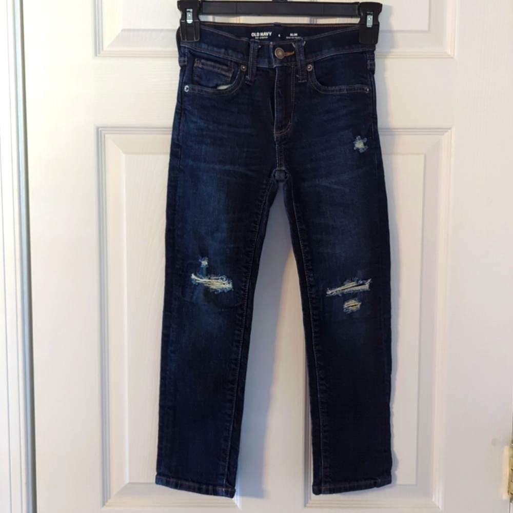 Boys size 6 Old Navy Slim jeans with holes in knees. Adjustable waist.